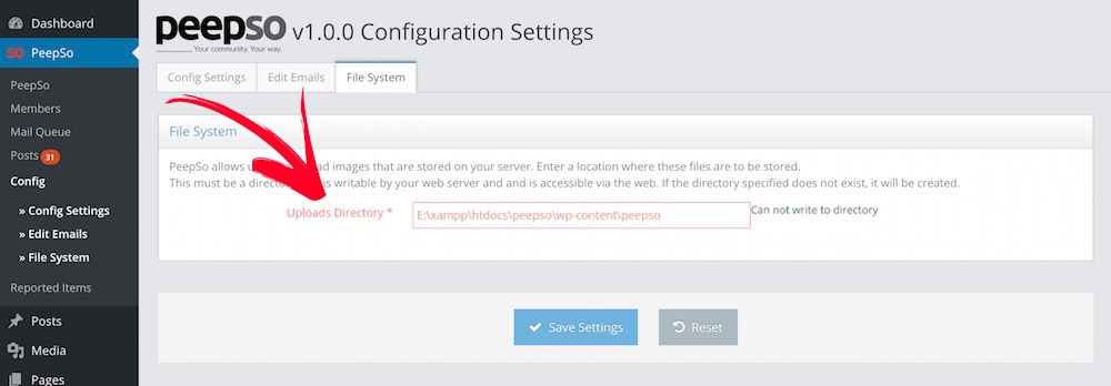Directory not writable error.