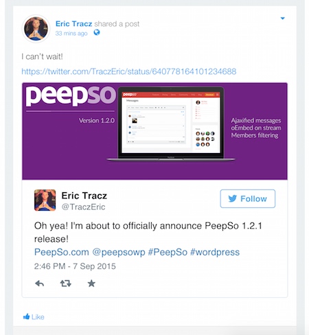 Twitter link fetched on PeepSo Stream