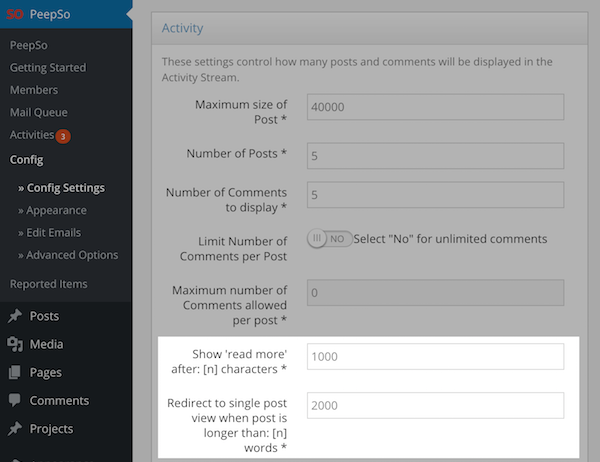 Read More settings in PeepSo Configuration.