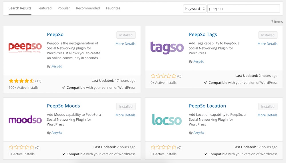 PeepSo plugins in WordPress