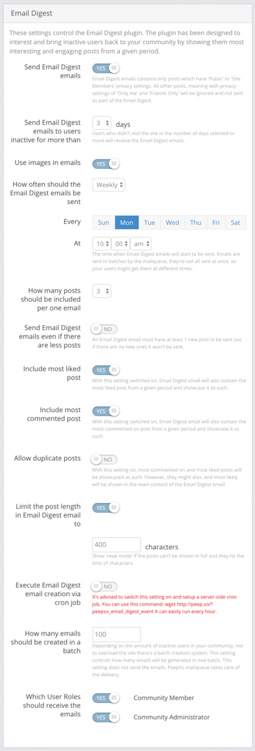 PeepSo Email Digest Configuration.