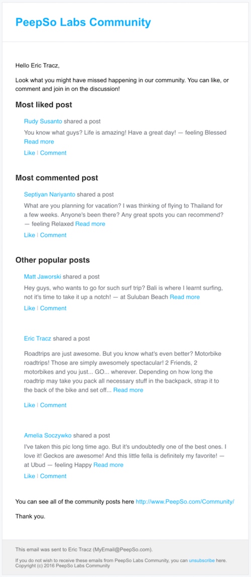 PeepSo Email Digest Email without images.
