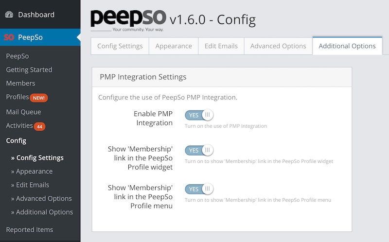 PeepSo - PMP Integration Configuration Options