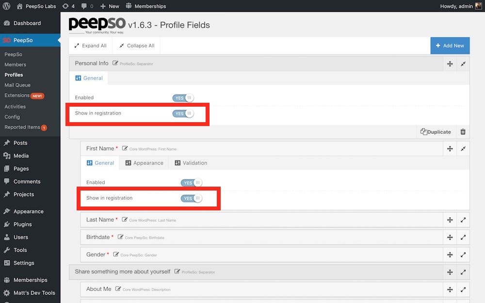 Profiles Settings - marked switch on separator and field for showing it in registration.