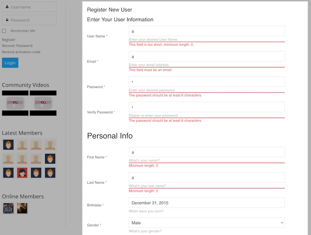 Frontned User Registration - clearly visible validation notices.