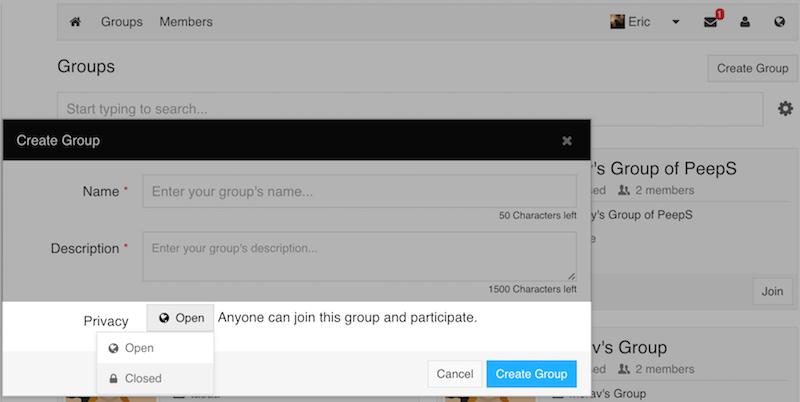 Closed Group Privacy option in Group creation modal.