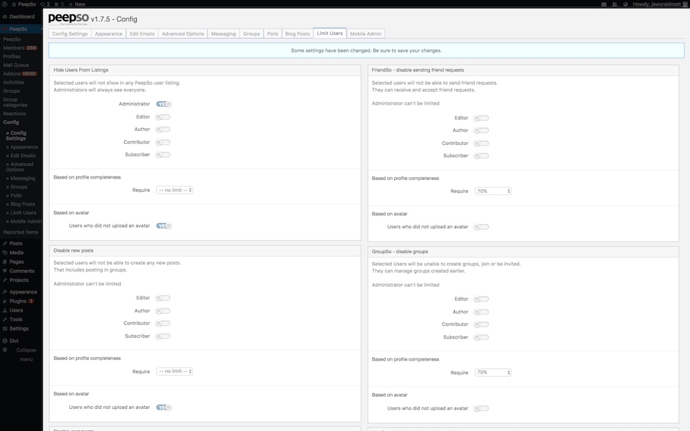 Settings panel