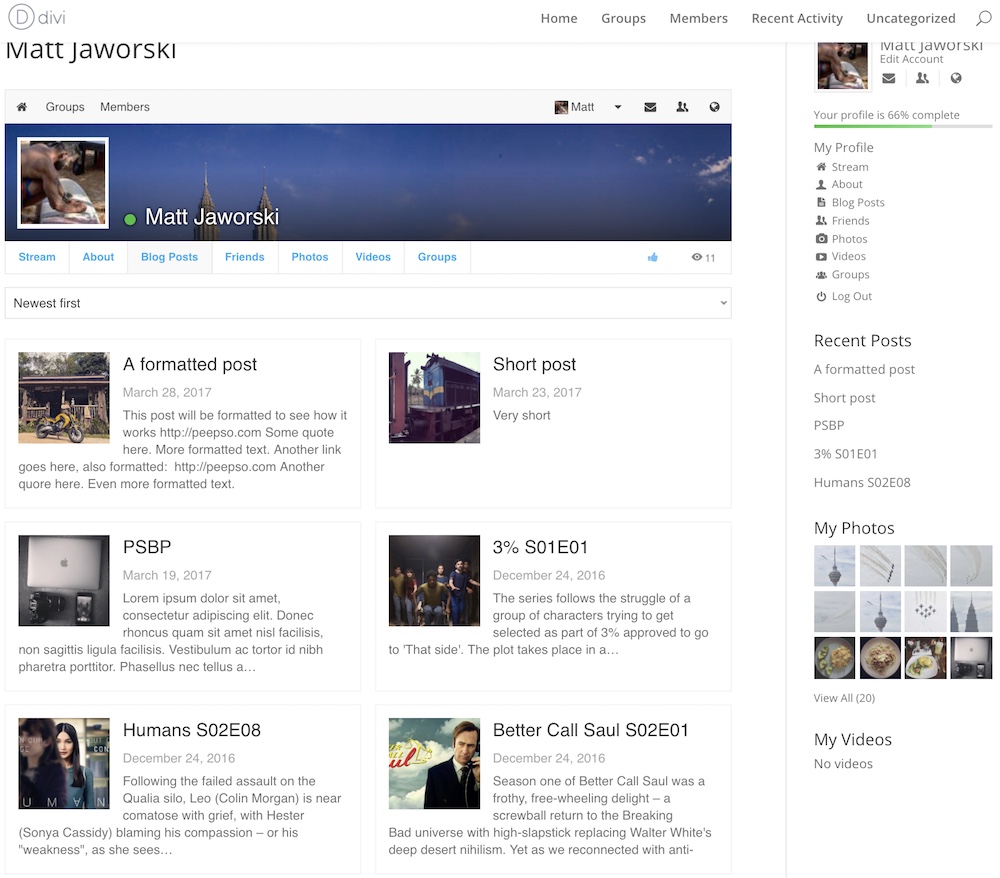 Profile view of blogposts