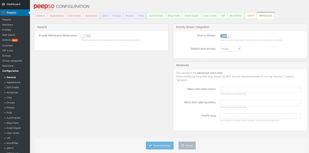 WPAdverts integration settings