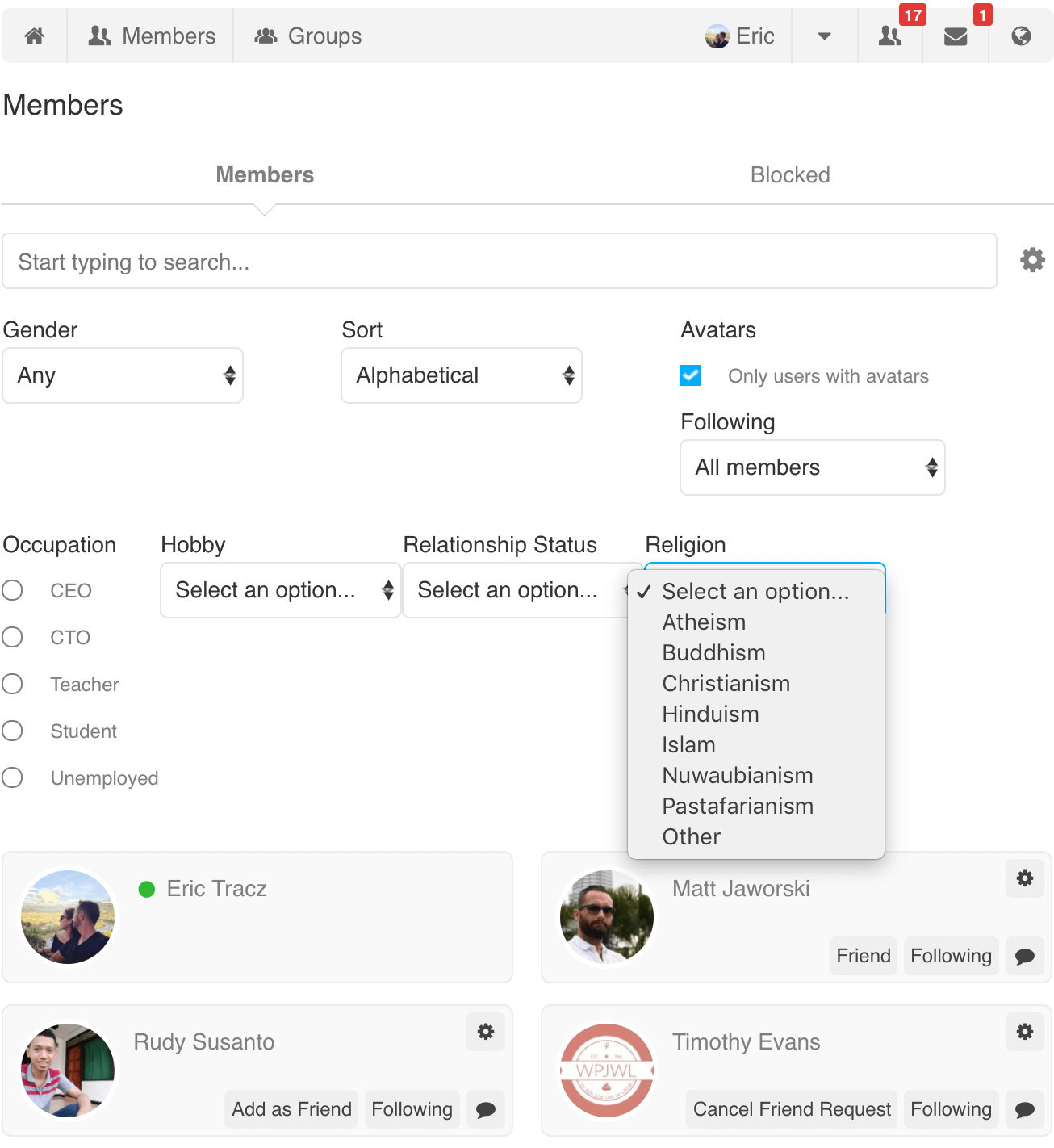Custom Single Select Search on Members Page