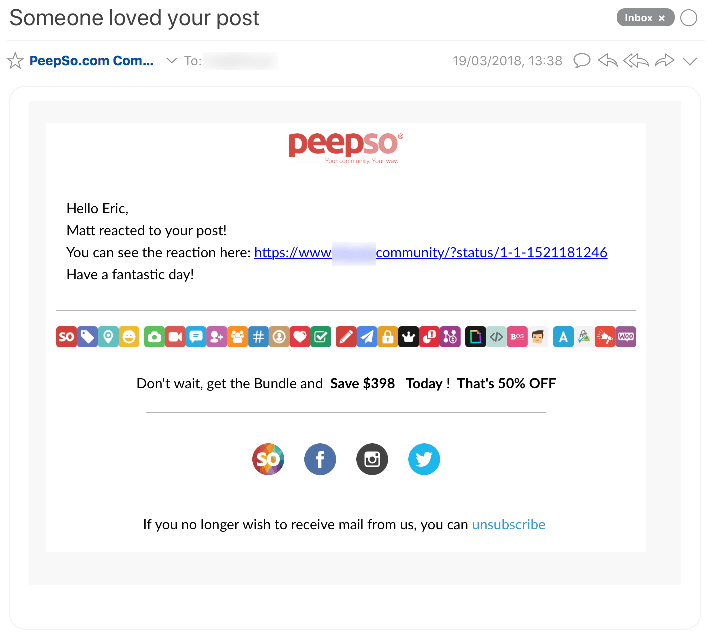 Email notification of a liked post .