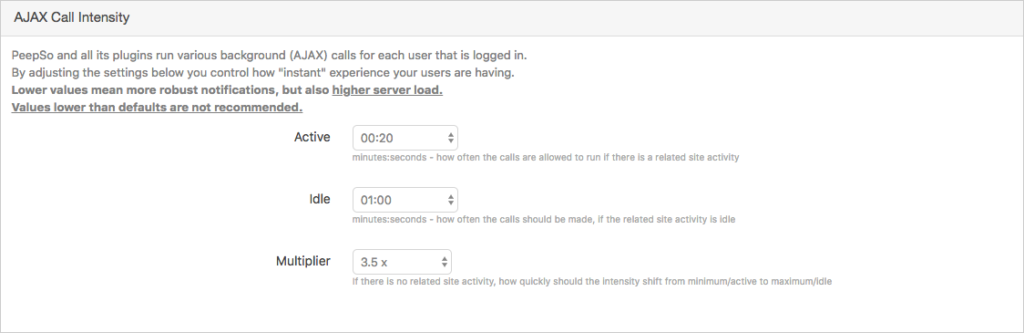 PeepSo AJAX Call Intensity settings