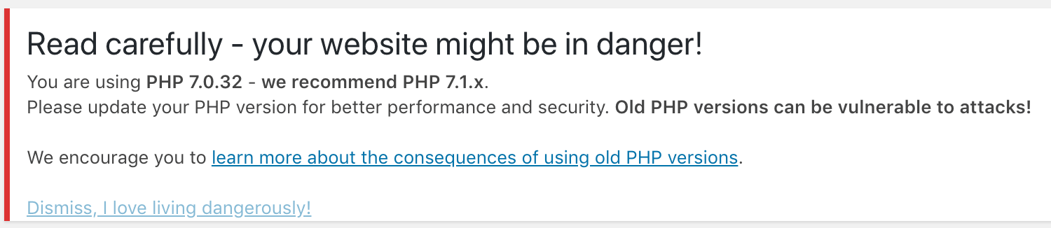 Backend warning about outdated php.