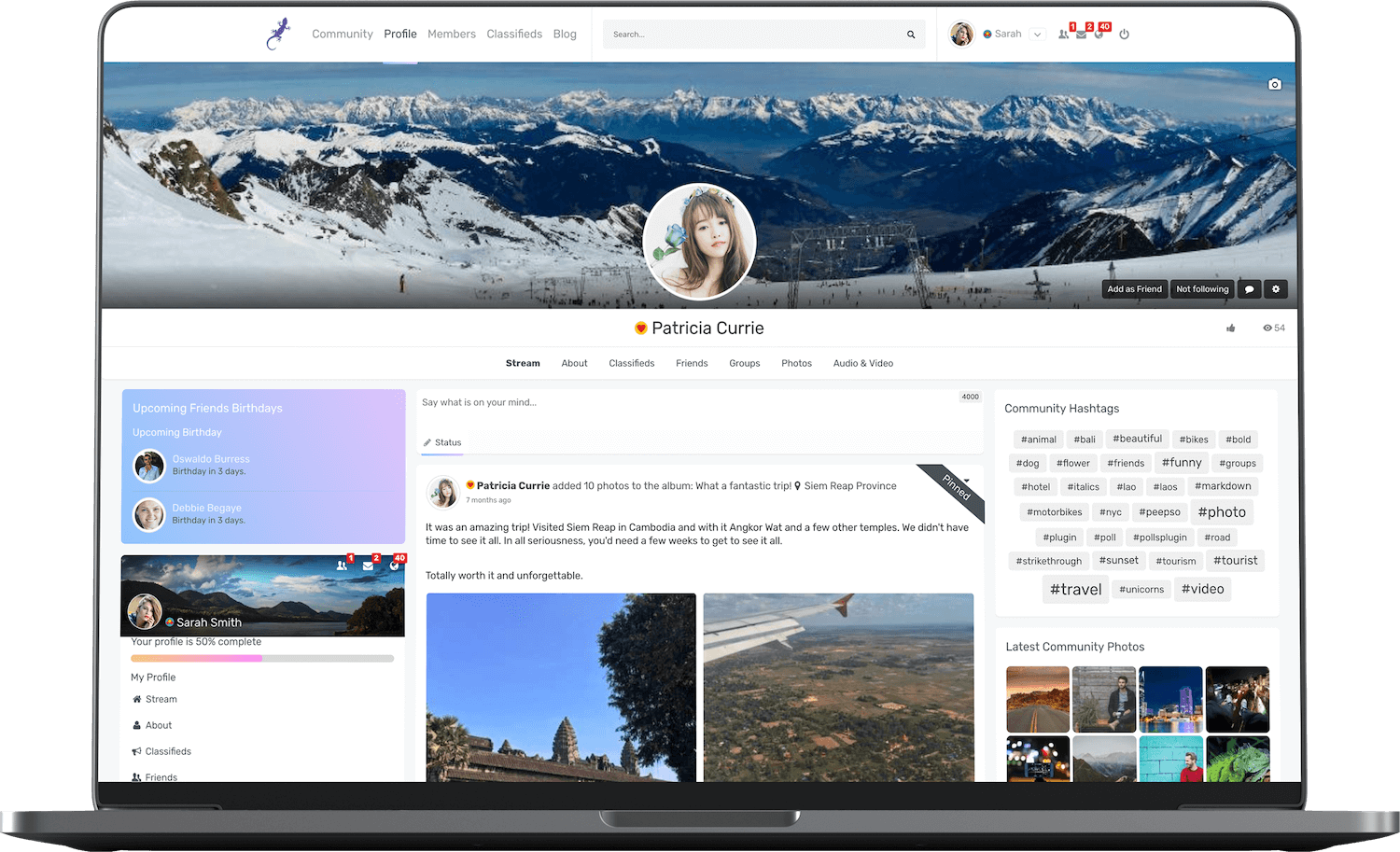 User Profiles with full width cover and centered avatar & menu