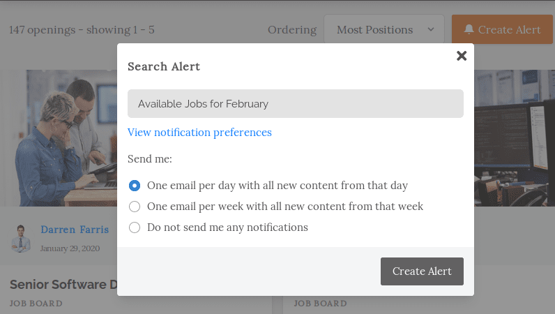 Save search alert and set notification preferences