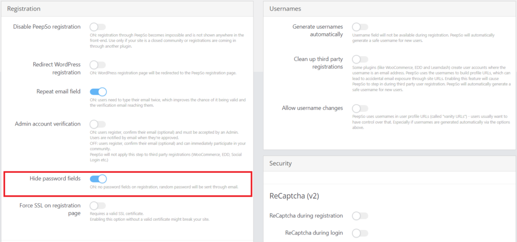 hide password fields configuration