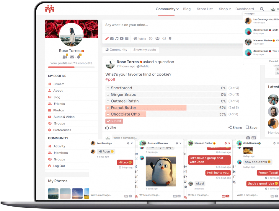 Chat windows and notifications open.
